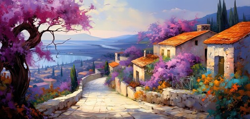 painting style illustration of toscan village covered with bougainvillea blossoming in summer time, happy joyful summer vibe, Generative Ai