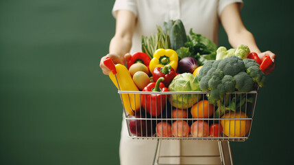 Top view Hands with a cart full of fresh delicious vegetables and fruits, copy space pastel background
