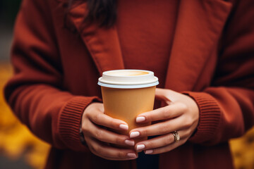 Photograph of a close-up of female hands holding a to go coffee cup with autumn clothes, beautiful bokeh