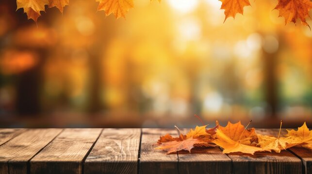 A wooden board in front of an autumn themed background