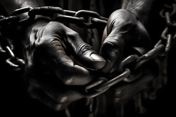 Hands with chains, slavery, a difficult life. - obrazy, fototapety, plakaty
