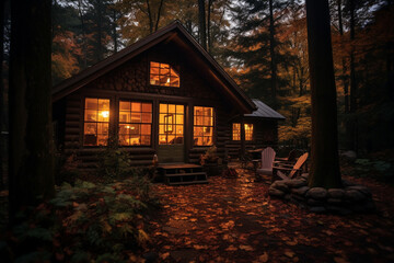 Photograph of a cozy cabin in the woods