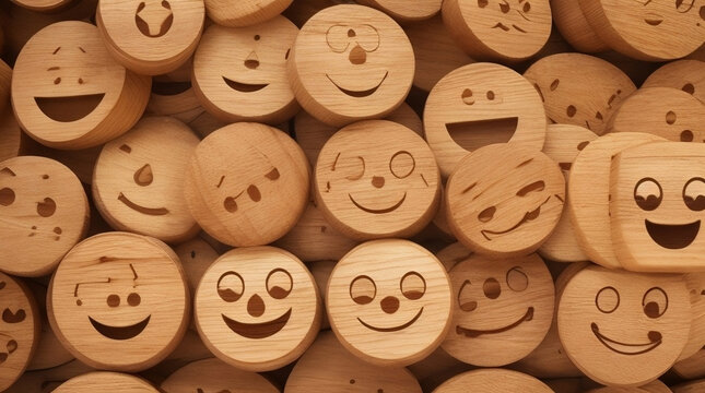 Smiling wooden emojis