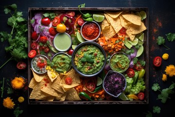 top view of nachos with various toppings arranged