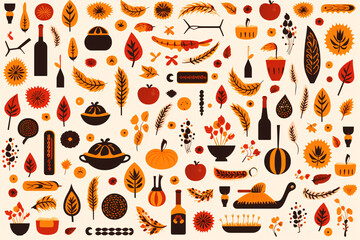 A pattern showing thanksgiving items on a white background, in the style of piles