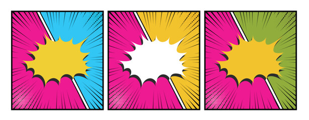 Comics book empty colored template background. Pop art colorful backdrop mock up. Vector illustration halftone dot chat mockup versus comic text. Silhouette boom explosion. Speech bubble box balloon.