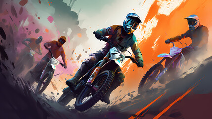 Rush of Velocity: Artwork Generated by AI Featuring High-Octane Motocross Event, Depicted in an Abstract Splash Paint Art Style with Cool, Vibrant Hues