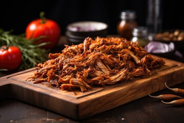 shredded pulled pork on a wooden board