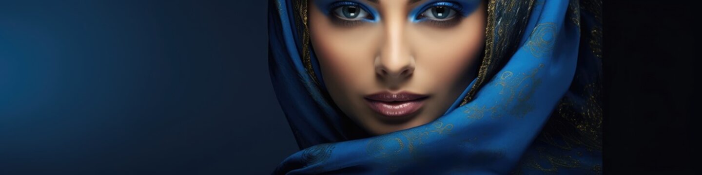 Arabic Woman Blue Fashion Design Backdrop With Copyspace Generative AI