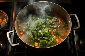 overhead view of a pot simmering soup on stove