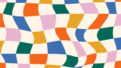 Groovy checkered colorful background. Abstract twisted chessboard retro vector pattern. Vintage trippy design in 70s-80s hippie style. Psychedelic flow grid