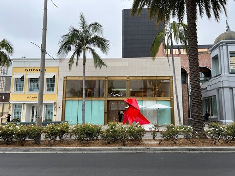 Upscale Rodeo Drive shopping in Beverly Hills, California with the colorful Imagiro public art installation