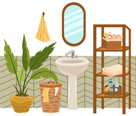 Bathroom interior vector illustration. Sink, bedside table, shelf, basket with towels, bathrobe, houseplant and mirror. Modern interior design. 