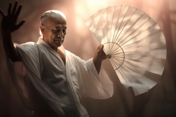 tai chi fan with chinese symbols and soft focus - obrazy, fototapety, plakaty