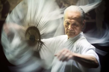 Fotobehang tai chi fan with chinese symbols and soft focus © Natalia