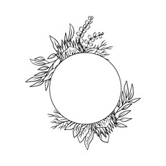 Hand drawn monochrome line art tropical protea flower round frame. Floral wreath greeting card template