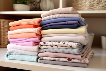 stack of clean, folded baby blankets on a shelf