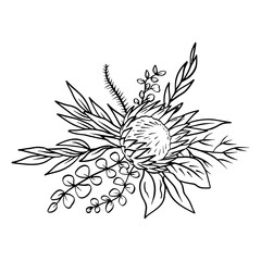 Monochrome tropical protea flowers and leaves bouquet. Boho floral composition