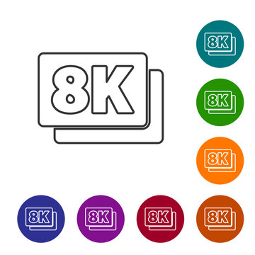 Black line 8k Ultra HD icon isolated on white background. Set icons in color circle buttons. Vector
