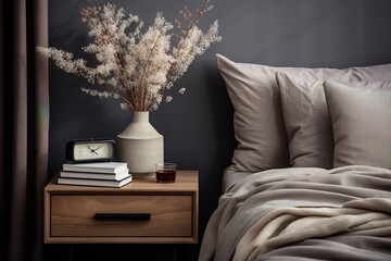 wooden bedside table with a vase of white flowers, books and an alarm clock, against a gray wall