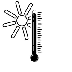 Hot thermometer with a sun in black and white style. Temperature weather thermometers meteorology, temp control thermostat device flat vector icon. Medical thermometers