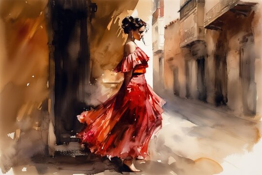Fototapeta watercolor painting image of a beautiful woman dancer in a red dress on a small spanish street on a sunny day