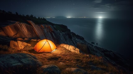 camping at night by the sea, glowing orange tent on the rocky shore