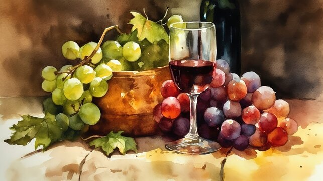 watercolor painting still life glass of wine and bunches of grapes