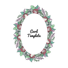 Hand drawn colorful line art tropical protea flower vertical oval frame. Floral wreath greeting card template