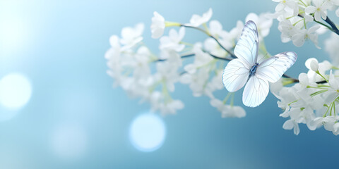 Fototapeta na wymiar Beautiful butterfly on white flower, sky background stock, Beautiful magic spring scene with cherry flowers and butterfly stock, 
