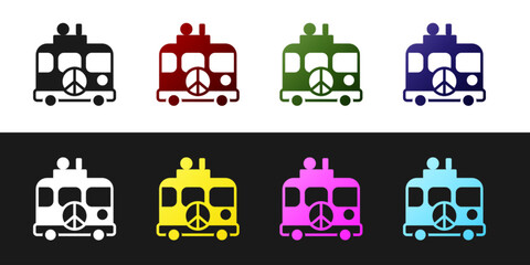 Set Hippie camper van icon isolated on black and white background. Travel by vintage bus. Tourism, summer holiday. Vector