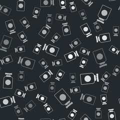 Grey Tube of hand cream icon isolated seamless pattern on black background. Vector