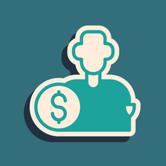 Green Buy football or soccer player icon isolated on green background. Long shadow style. Vector