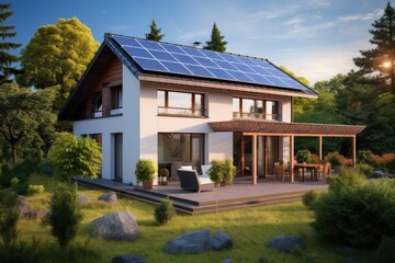 Fototapeta na wymiar Moder house with photovoltaic pannels on house.