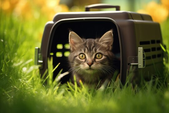 Cat sitting in carrier on grass.