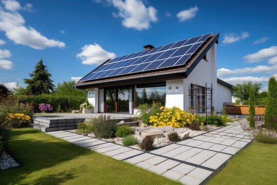 Moder house with photovoltaic pannels on house.