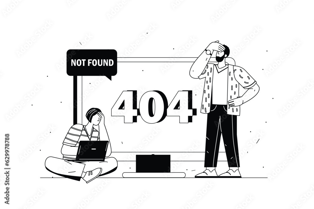 Aufkleber concept 404 not found with people scene in the flat line cartoon design. a team of programmers is wo