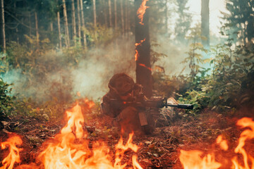 Modern warfare soldier surrounded by fire, fight in dense and dangerous forest areas