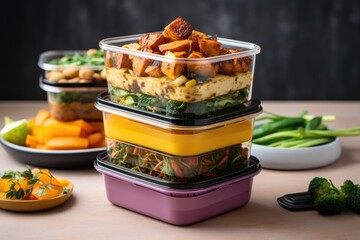 stack of reusable meal prep containers with vegan dishes - obrazy, fototapety, plakaty