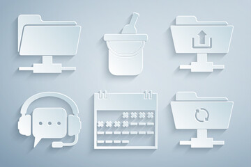 Set Calendar, FTP folder upload, Headphones with speech bubble, sync refresh, Bottle of wine in bucket and icon. Vector