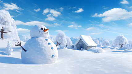 Merry christmas and happy new year concept. Happy snowman standing in christmas landscape, snow fall, Generative AI