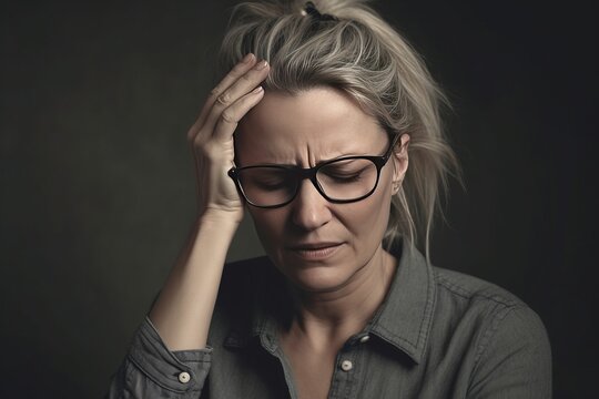 Senior woman with glasses having headache pain migraine stress.