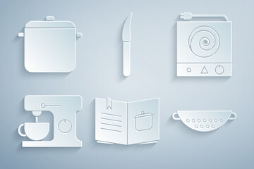 Set Cookbook, Electric stove, mixer, Kitchen colander, Knife and Cooking pot icon. Vector