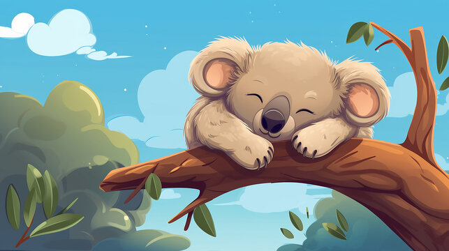 Coala bonito dormindo no galho de árvore, adorável ilustração vetorial de desenho animado animal australiano