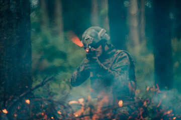 A soldier fights in a warforest area surrounded by fire