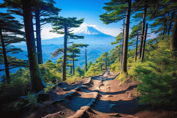 Trail or footpath to famous Fuji mountain in forest.