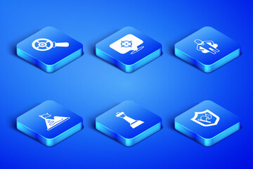 Set Shield with flag, Target magnifying glass, Chess, Mountains, and Head hunting icon. Vector