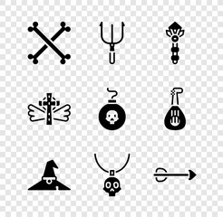 Set Crossed human bones, Neptune Trident, Magic wand, Witch hat, Necklace amulet, Arrow, Christian cross and Bomb ready to explode icon. Vector