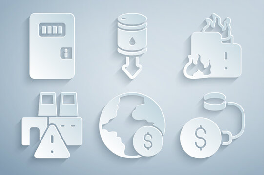 Set Global Economic Crisis, Fire In Burning House, Shutdown Of Factory, Debt Ball Chained Coin, Drop Crude Oil Price And Prison Cell Door Icon. Vector