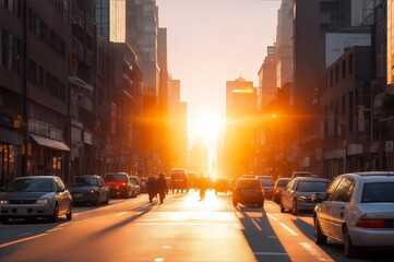 A bustling city street, the sun just beginning to rise and the hustle and bustle of the morning commute.Created with generative AI